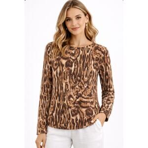 Talbots Merino Wool crew neck 3/4 sleeve animal print sweater SP Office cheetah